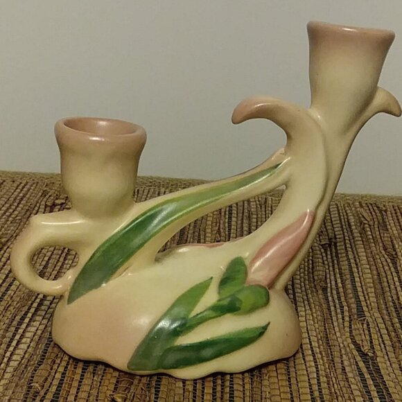 Vintage 1930s Camark Pottery Twin Candle Holder – Pink Iris Floral Art Deco US - Picture 13 of 16